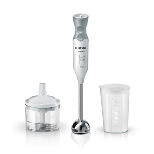 Bosch Ergo Mixx MSM66120 - Batidora de mano, 600 W, regulador de velocidad y velocidad Turbo, cúpula con cuatro cuchillas, con picador y vaso de mezclas, color blanco y gris
